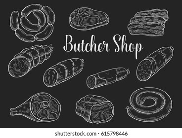 Meat product sketches on chalkboard. Fresh beef steak, sausage, ham, pork bacon, salami, gammon, frankfurter and pepperoni. Butcher shop and meat store menu board or food packaging label design