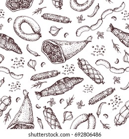 Meat product with spices seamless pattern. Food. Hand drawn. Ready sausage, bacon, sliced saveloy, sausage, spicy pepperoni, smoked sausages, stick of salami, baked meatloaf, frankfurters, ham, beaf. 