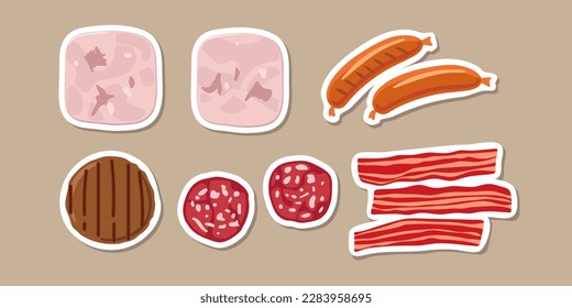 Meat product stickers. Pieces of ham and sausages, cutlet, bacon. Overhead view of isolated Meat delicatessen product. Vector flat illustration. For cafe or restaurant menu. Meat food icons.