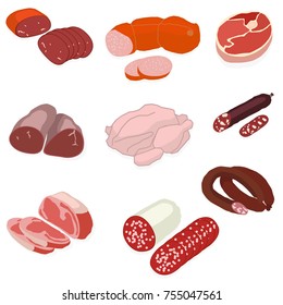 Meat product vector isolated on white background in cartoon style. Beef, pork, lamb, round steak, boneless rump, ribs, loin and ribs, chicken, sausage, ham, jerky