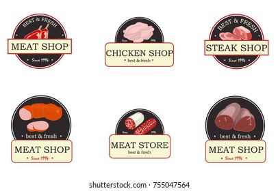 Meat Product Vector Logo And Brands. Beef, Pork, Lamb, Round Steak, Boneless Rump, Ribs, Loin And Ribs, Chicken, Sausage, Ham, Jerky Emblems