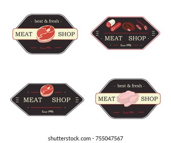 Meat Product Vector Logo And Brands. Beef, Pork, Lamb, Round Steak, Boneless Rump, Ribs, Loin And Ribs, Chicken, Sausage, Ham, Jerky Emblems