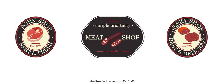 Meat product vector logo and brands. Beef, pork, lamb, round steak, boneless rump, ribs, loin and ribs, chicken, sausage, ham, jerky emblems