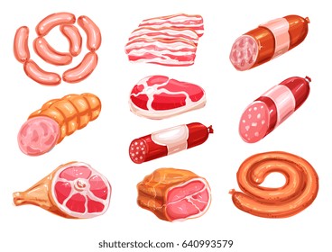 Meat product watercolor drawing set. Fresh beef steak, pork sausage, ham, bacon slice, salami, frankfurter, gammon and pepperoni sausage for healthy meat food, butcher shop and bbq party design