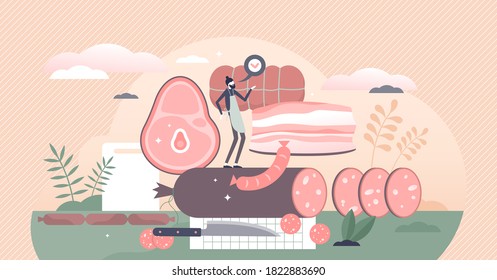 Meat production with animal food products and butcher tiny person concept. Kitchen with pork bacon and cattle sausages for gastronomy meals vector illustration. Raw preparation for tasty cuisine scene