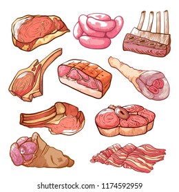 Meat production hand drawn. Organic beef production, restaurants and grocery stores decoration. Vector farm animal meat illustration on white background