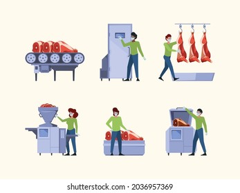 Meat production. Industrial equipment for sausage manufacturing processing agriculture processes garish vector meat collection