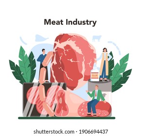 Meat production industry concept. Butcher or meatman factory. Fresh meat and semi-finished products producing. Isolated vector illustration