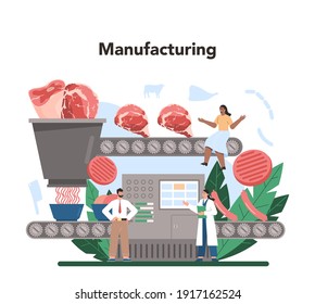 Meat Production Industry Concept. Butcher Or Meatman Factory. Fresh Meat And Semi-finished Products Producing. Isolated Vector Illustration