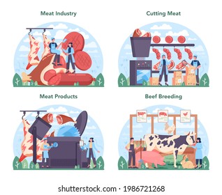 Conjunto de conceptos de la industria de la producción de carne. Carnicero o fábrica de carnes. Producción de carne fresca y productos semiacabados. Ilustración vectorial aislada