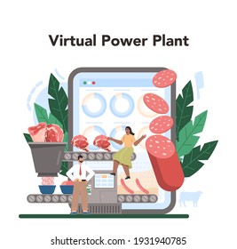 Meat production industry online service or platform. Butcher or meatman factory. Fresh meat and semi-finished products producing. VPP, virtual power plant. Flat vector illustration
