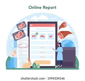 Meat production industry online service or platform. Butcher or meatman factory. Fresh meat producing. Online report. Flat vector illustration