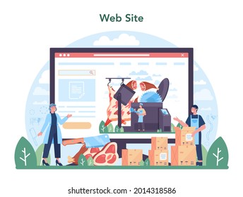 Meat production industry online service or platform. Butcher or meatman factory. Fresh meat producing. Website. Flat vector illustration