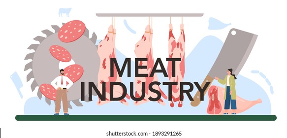 Meat production industry typographic header. Butcher or meatman factory. Fresh meat and semi-finished products producing. Isolated vector illustration