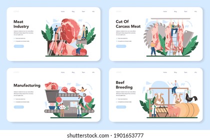 Meat production industry web banner or landing page set. Butcher or meatman factory. Fresh meat and semi-finished products producing. Isolated vector illustration