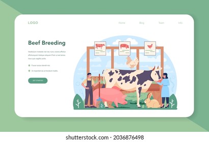 Meat production industry web banner or landing page. Butcher or meatman factory. Animal breading for fresh meat and semi-finished products producing. Isolated vector illustration