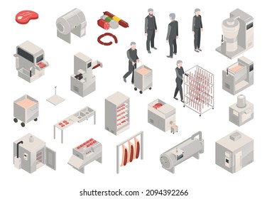 Meat production isometric set with factory workers industrial equipment raw and finished products 3d isolated vector illustration