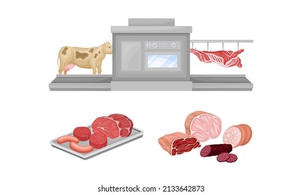 Meat production process. Slaughter procedure. Meat products processing vector illustration