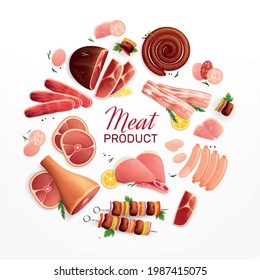 Meat Products Advertising Promotion Flat Circular Composition With Ham Steak Sausages Bacon Meatloaf Beef Shank Vector Illustration 