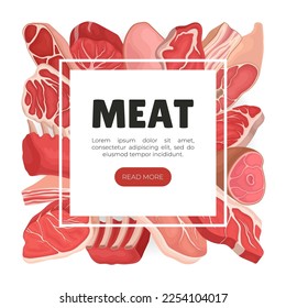 Meat Products Banner Design with Beef Steak, Ham and Lard Vector Template