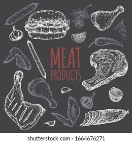 Meat products black template pattern featuring hand drawn sketches of cold meats, sausages, hamburger, steak, chicken, vegetables. Great for market, restaurant, grill cafe, food label design.