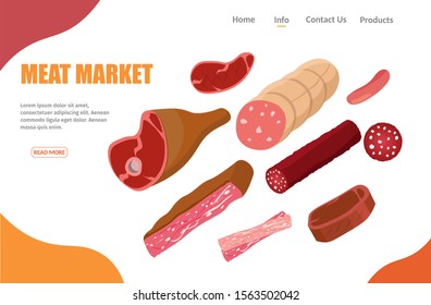 Meat products  butcher shop banner flat cartoon vector illustration.