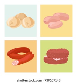 Meat products card cartoon delicious barbecue kebab variety delicious gourmet meal assortment slice lamb cooked vector illustration