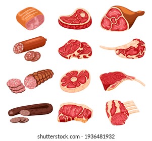 Meat products. Cartoon butchery shop food, chicken, beef steak, pork, prime rib, bacon slice and sausages.