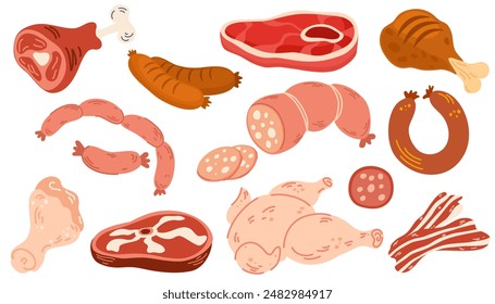 Meat products cartoon set. Natural farm food. Gastronomic delicacies animal origin. Smoked sausages. Beef steaks. Pork bacon and ham. Fresh chicken or lamb. Butcher shop. Garish vector set