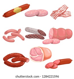 Meat products in cartoon style set. Butcher shop icons. Bacon slices, smoked sausage, salami, mortadella slices, frankfurters and ham. Vector illustration isolated on white background.