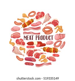 Meat products in cartoon style. Vector icons steak , barbecue, lamb, chops, bacon, chorizo, sausage, chicken wings, chicken legs ham salami and slices sausage