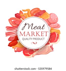 Meat products in cartoon style. Vector icons steak , barbecue, lamb, chops, bacon, chorizo, sausage, chicken wings, chicken legs ham salami and slices sausage