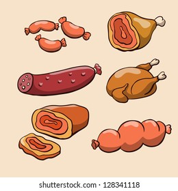 Meat products and chicken isolated. Food background. Sausages, meat, beef, pork, ham, wurst, turkey, smoked  sausage - vector