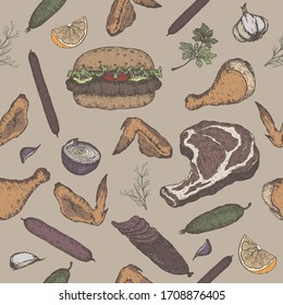 Meat products color seamless pattern featuring hand drawn sketches of cold meats, sausages, hamburger, steak, chicken, vegetables. Great for market, restaurant, grill cafe, food label design.
