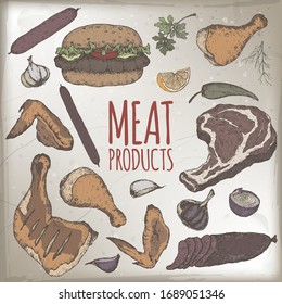 Meat products color template featuring hand drawn sketches of cold meats, sausages, hamburger, steak, chicken, vegetables. Great for market, restaurant, grill cafe, food label design.