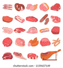 Meat and meat products color vector icons set. Flat design on white background