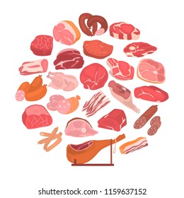 Meat and meat products color vector icons set. Flat design on white background