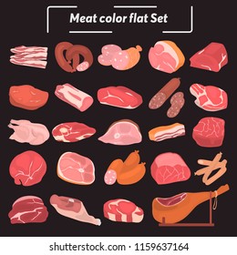 Meat and meat products color vector icons set. Flat design on black background