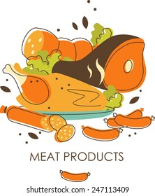 Meat products concept in retro sketch style