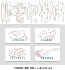 Meat products and meat delicacies. Sausages, ham, bacon, lard, salami in sketch style. A set of banners, labels, flyers