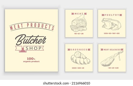 Meat products and meat delicacies. Sausages, ham, bacon, lard, salami in sketch style. A set of banners, labels, flyers