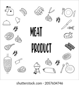 Fleischerzeugnisse doodle. Vektorgrafik von Skizzen von Fleischerzeugnissen einzeln auf weißem Hintergrund. Speck, Lachs, Würste, Bein, Primerib, Chop.