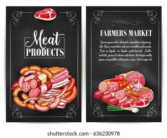 Meat products of farmers market. Butchery shop meat delicatessen of ham or bacon brisket, butcher gourmet gastronomy of frankfurter or saveloy sausages and cervelat, pork lard, salami and steak.