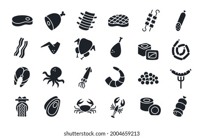 Meat products fish poultry seafood silhouette. Black isolated silhouettes. Fill solid icon. Modern glyph design. Steak ham gammon skewers bacon chicken wings fish sausages grilled sausage shrimp sushi