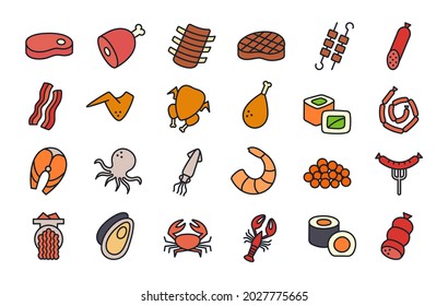 Los productos cárnicos pescan en los íconos del marisco de las aves de corral. Icono de color lineal aislado. Ilustraciones vectoriales. Ingredientes de comida. Jamón de carne gammon brochetas bacon alitas de pollo salchichas de pescado salchicha de gambas a la parrilla sushi