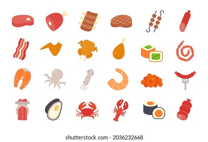 Meat products fish poultry seafood icons. Isolated flat color icon. Vector illustrations. Food ingredients. Steak ham gammon skewers bacon chicken wings fish sausages grilled sausage shrimp sushi