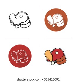 Meat products flat design, linear and color icons set. Chicken leg, sausages and beef symbols. Barbecue ingredients. Contour and long shadow logo concepts. Isolated vector illustrations