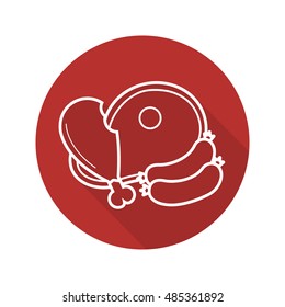 Meat products flat linear long shadow icon. Grocery store bbq items. Chicken leg, beef steak and sausage. Vector line symbol