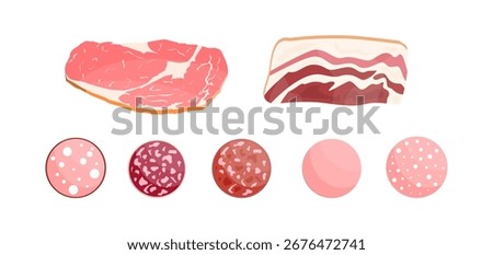 Meat products in flat style. Raw steak, bacon strip, and various sausage slices. Food ingredient set for culinary and grocery store concept.