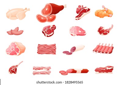 Meat products flat vector illustrations set. Butcher shop fresh assortment. Gammon, beef steak isolated cliparts pack on white background. Sausage, chicken legs and bacon, design elements collection.